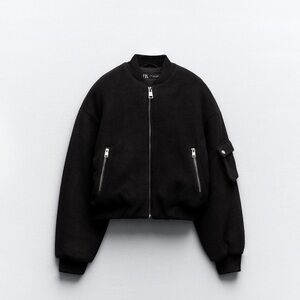 Zara Black Fleece Bomber Jacket with Zip Details